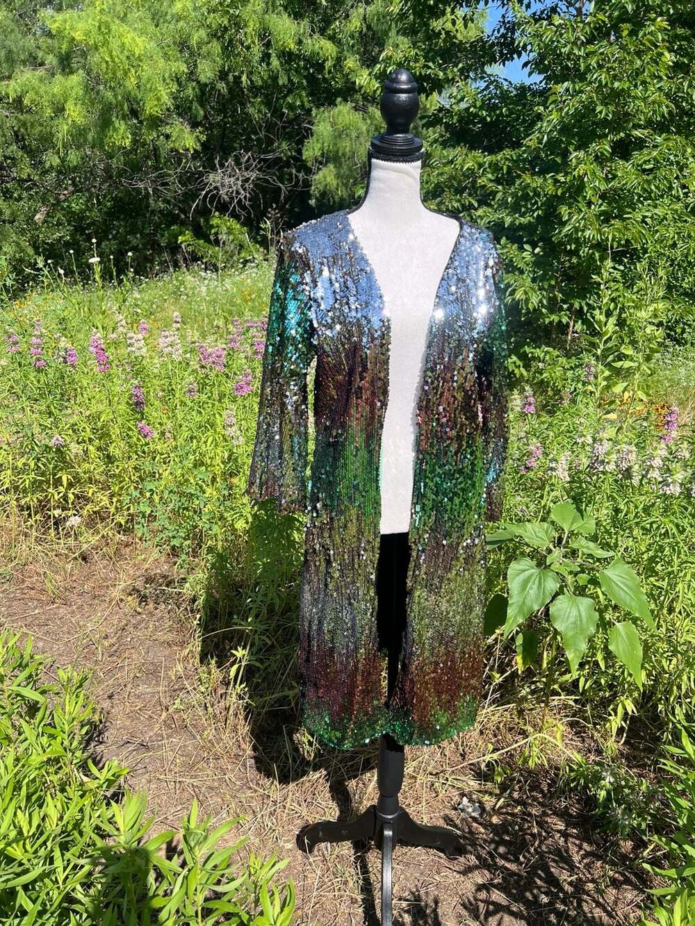 Iridescent Sequin Open Front Duster Cardigan